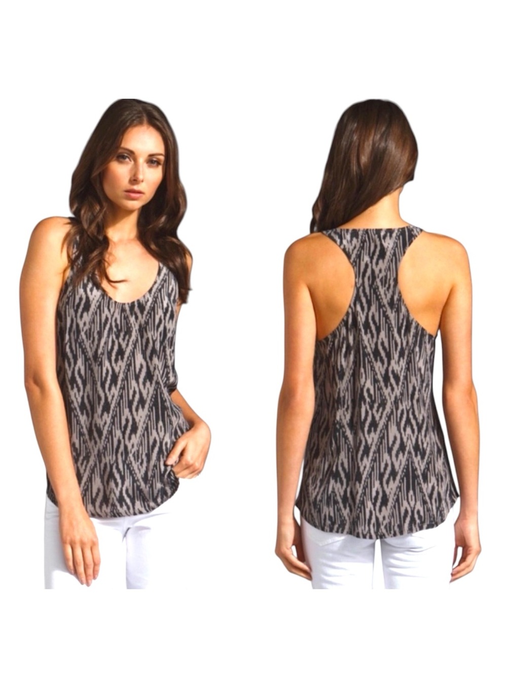 Joie Drew C Cream Black Ikat Print Silk Racerback Tank Top Size Large EUC